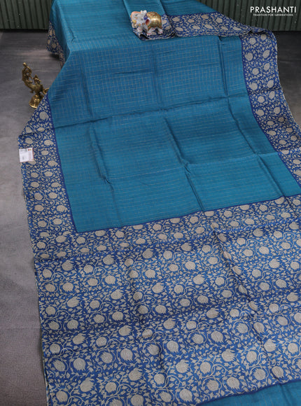 Pure tussar silk saree peacock blue and blue with allover zari checked pattern and kalamkari printed border