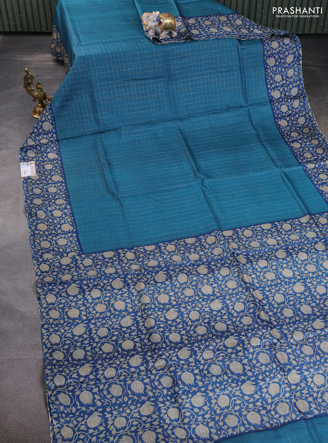 Pure tussar silk saree peacock blue and blue with allover zari checked pattern and kalamkari printed border