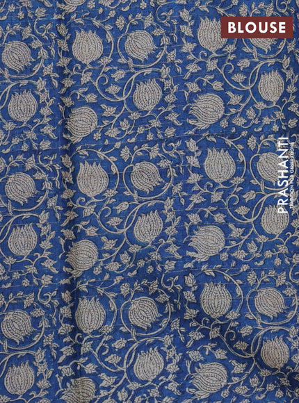 Pure tussar silk saree peacock blue and blue with allover zari checked pattern and kalamkari printed border