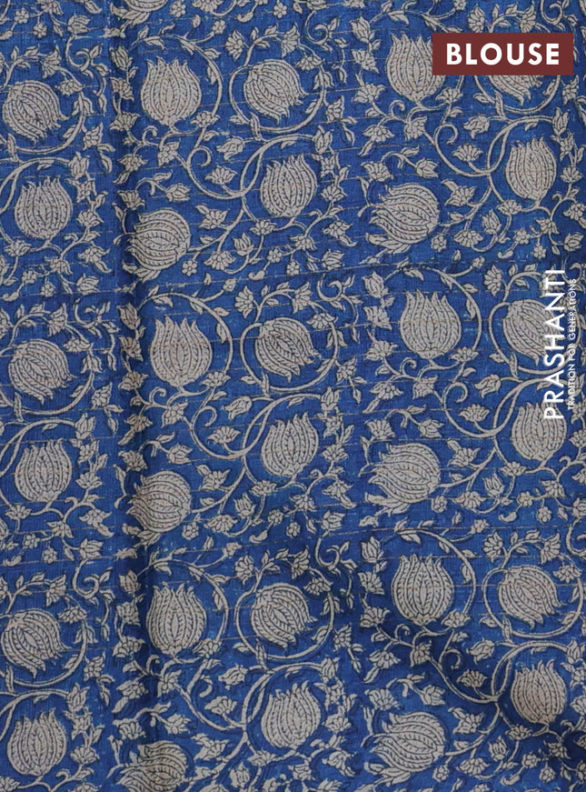 Pure tussar silk saree peacock blue and blue with allover zari checked pattern and kalamkari printed border