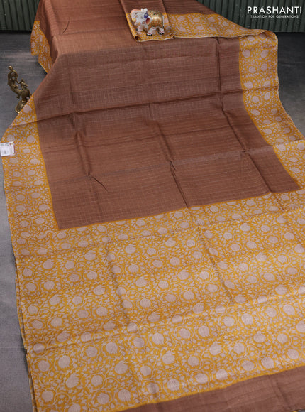 Pure tussar silk saree brown and yellow with allover zari checked pattern and kalamkari printed border