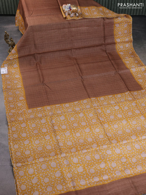 Pure tussar silk saree brown and yellow with allover zari checked pattern and kalamkari printed border