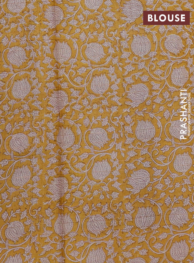 Pure tussar silk saree brown and yellow with allover zari checked pattern and kalamkari printed border