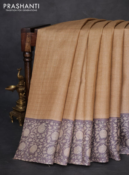 Pure tussar silk saree beige and grey shade with allover zari checked pattern and kalamkari printed border