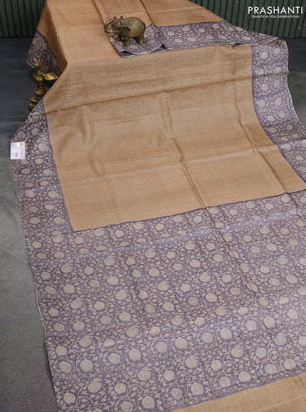 Pure tussar silk saree beige and grey shade with allover zari checked pattern and kalamkari printed border