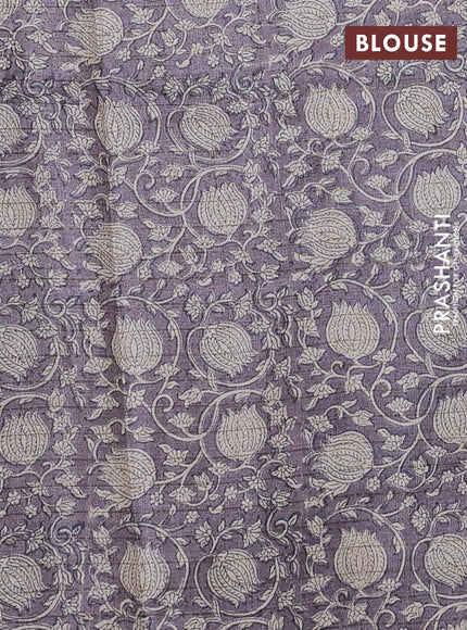Pure tussar silk saree beige and grey shade with allover zari checked pattern and kalamkari printed border