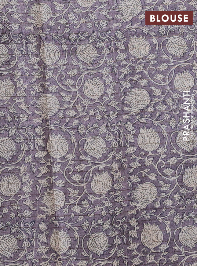 Pure tussar silk saree beige and grey shade with allover zari checked pattern and kalamkari printed border