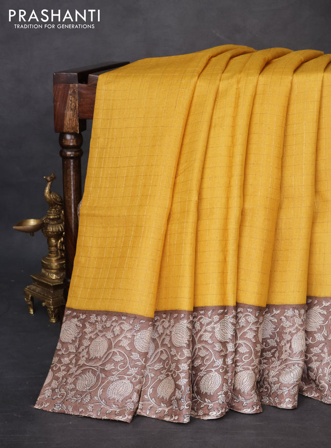 Pure tussar silk saree mustard yellow and brown with allover zari checked pattern and kalamkari printed border