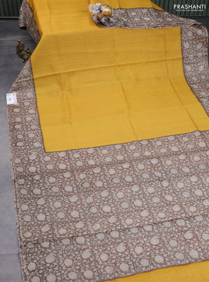 Pure tussar silk saree mustard yellow and brown with allover zari checked pattern and kalamkari printed border