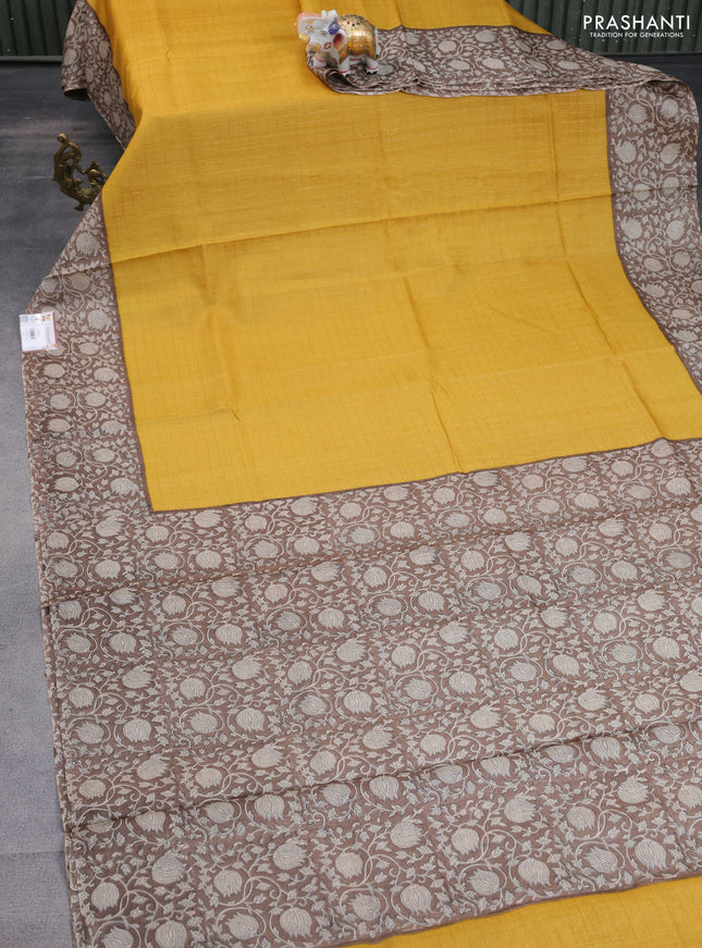 Pure tussar silk saree mustard yellow and brown with allover zari checked pattern and kalamkari printed border