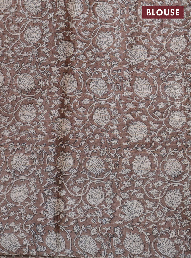 Pure tussar silk saree mustard yellow and brown with allover zari checked pattern and kalamkari printed border