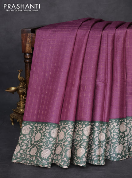 Pure tussar silk saree wine shade and peacock green with allover zari checked pattern and kalamkari printed border