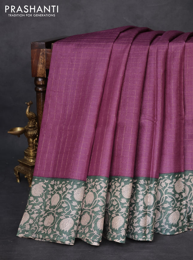 Pure tussar silk saree wine shade and peacock green with allover zari checked pattern and kalamkari printed border