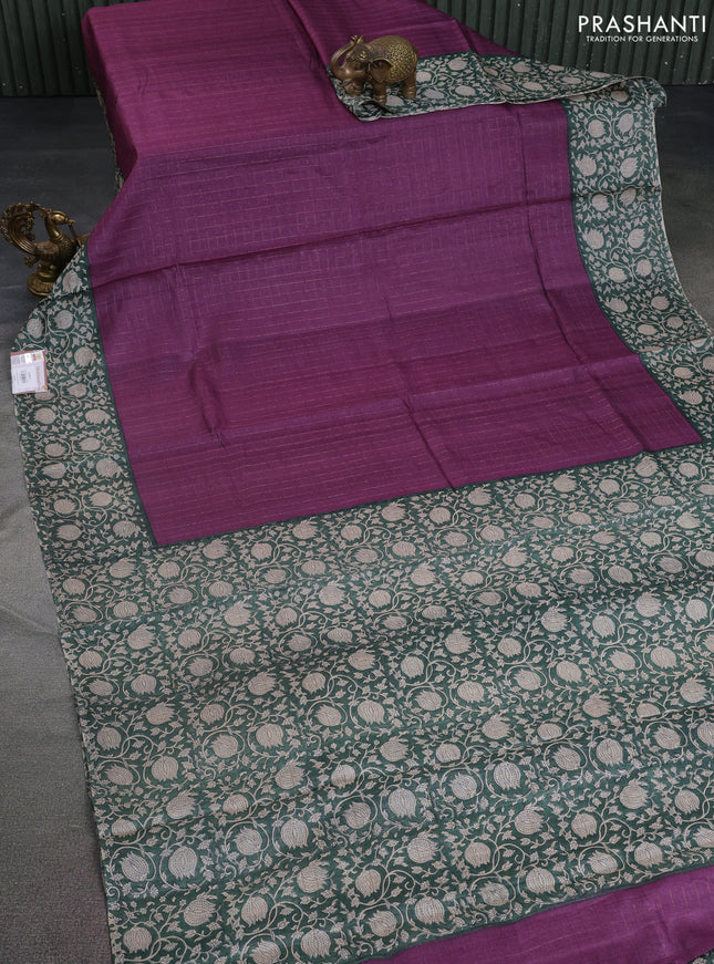 Pure tussar silk saree wine shade and peacock green with allover zari checked pattern and kalamkari printed border