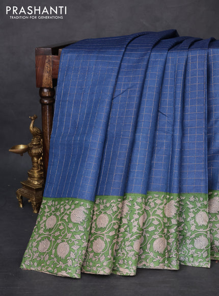 Pure tussar silk saree blue and light green with allover zari checked pattern and kalamkari printed border