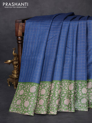 Pure tussar silk saree blue and light green with allover zari checked pattern and kalamkari printed border