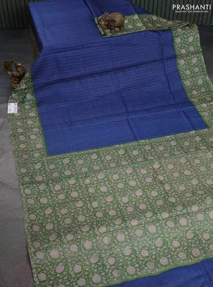 Pure tussar silk saree blue and light green with allover zari checked pattern and kalamkari printed border
