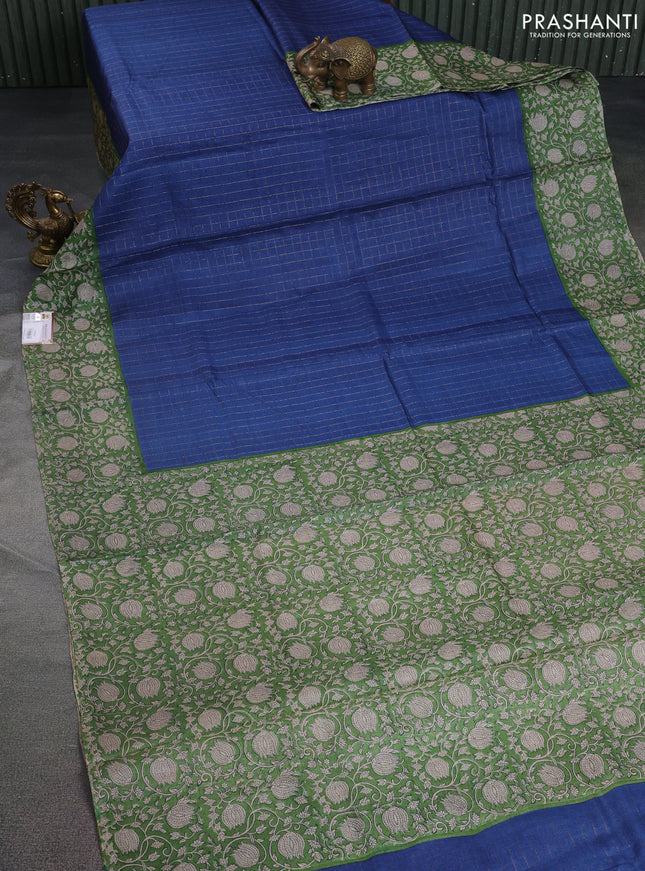 Pure tussar silk saree blue and light green with allover zari checked pattern and kalamkari printed border