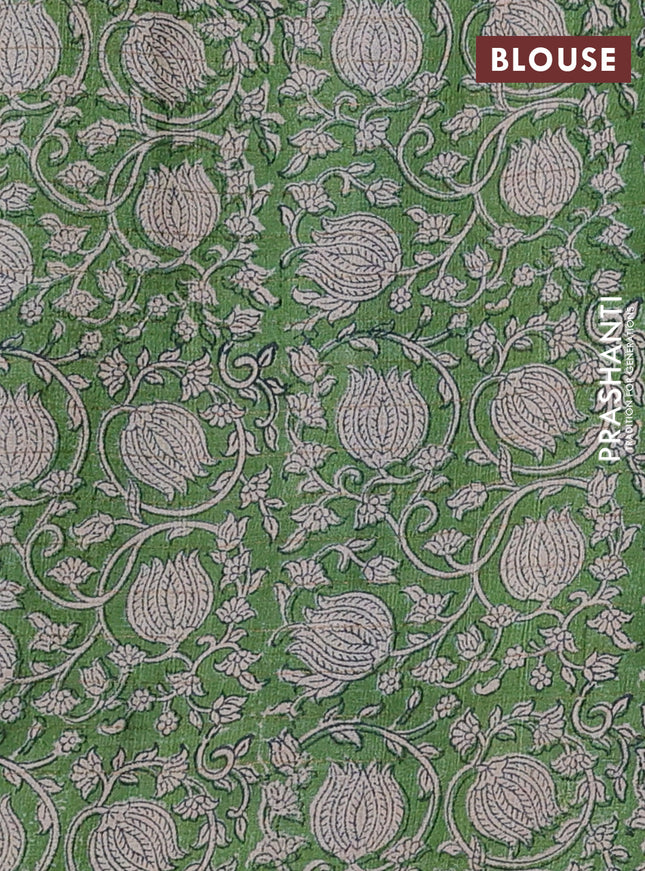 Pure tussar silk saree blue and light green with allover zari checked pattern and kalamkari printed border
