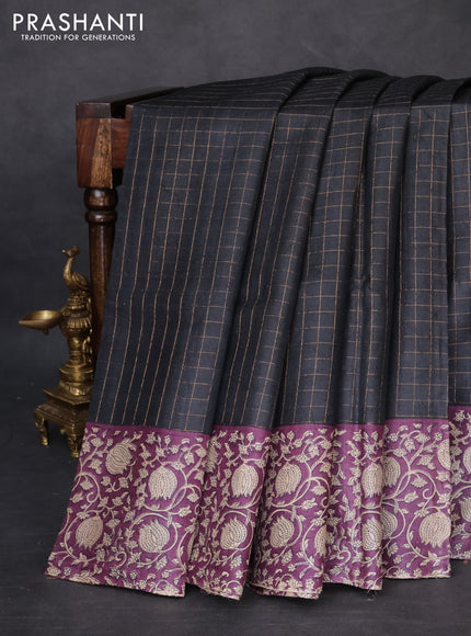 Pure tussar silk saree black and violet with allover zari checked pattern and kalamkari printed border