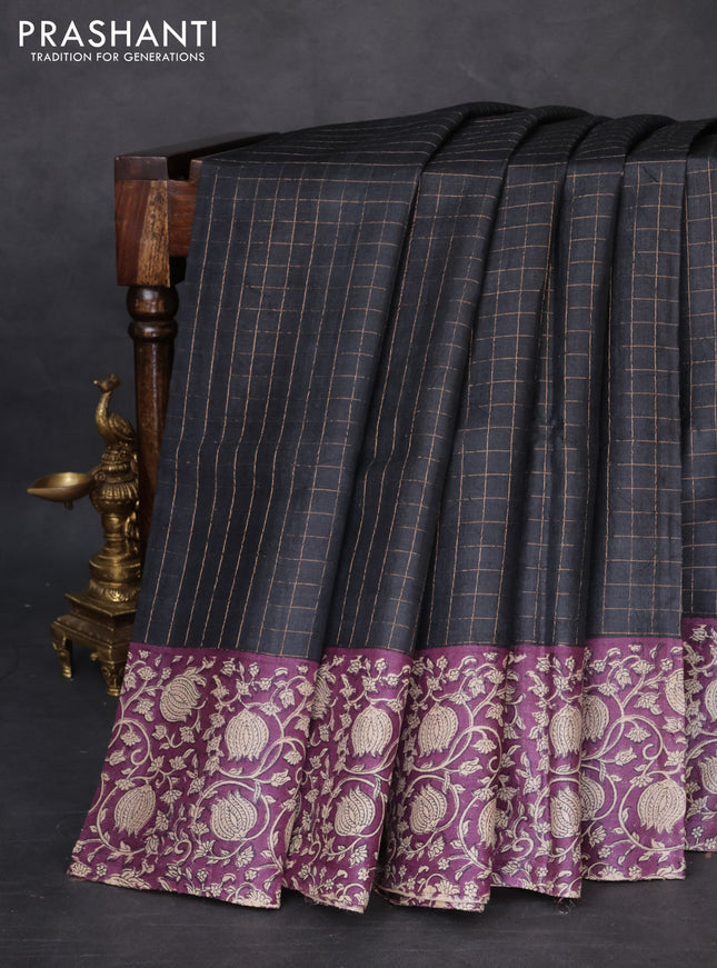 Pure tussar silk saree black and violet with allover zari checked pattern and kalamkari printed border