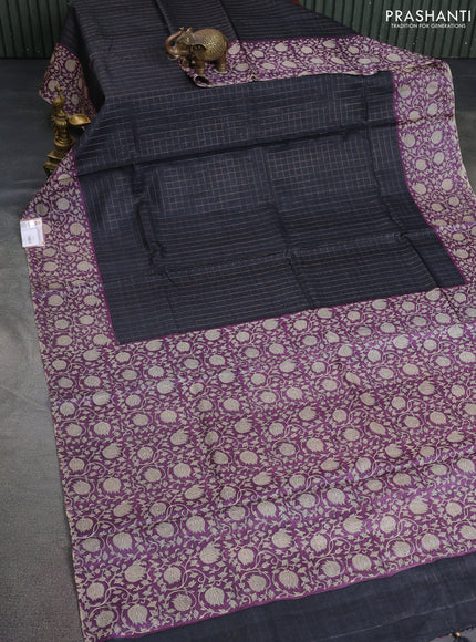 Pure tussar silk saree black and violet with allover zari checked pattern and kalamkari printed border