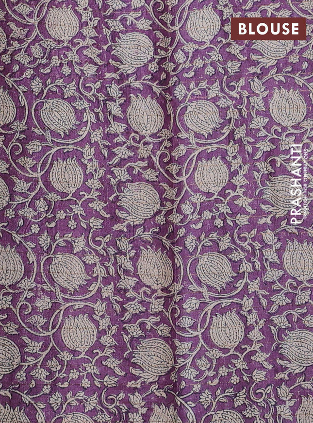 Pure tussar silk saree black and violet with allover zari checked pattern and kalamkari printed border