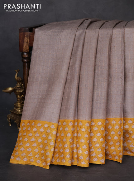 Pure tussar silk saree grey and mustard yellow with allover zari checked pattern and printed border