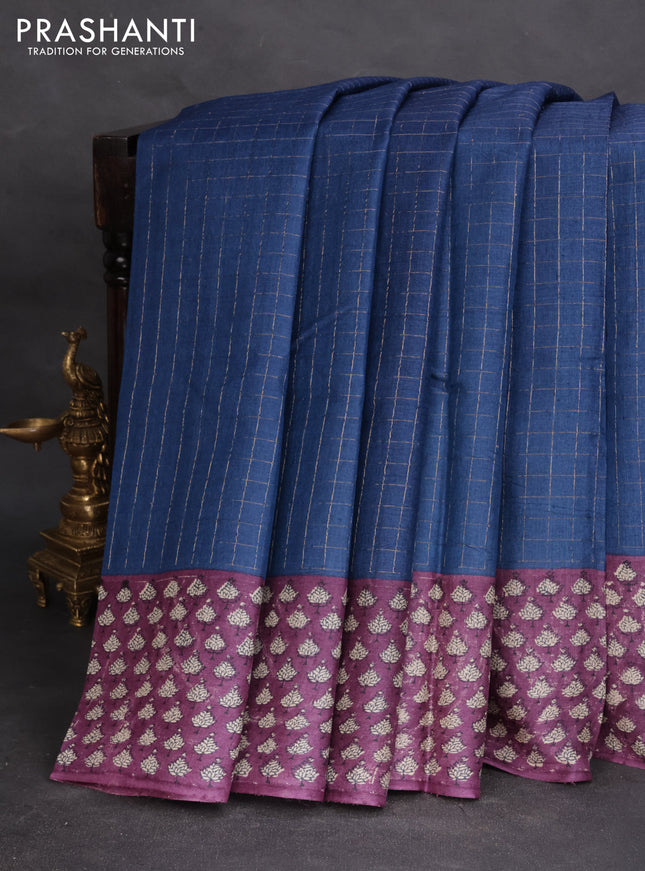Pure tussar silk saree blue and purple shade with allover zari checked pattern and printed border