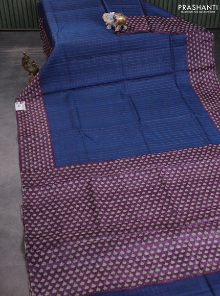 Pure tussar silk saree blue and purple shade with allover zari checked pattern and printed border