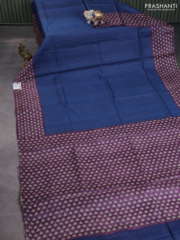 Pure tussar silk saree blue and purple shade with allover zari checked pattern and printed border