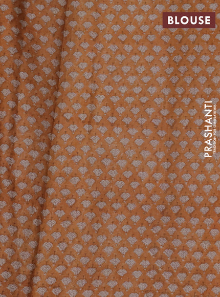 Pure tussar silk saree brown and pale orange with allover zari checked pattern and printed border