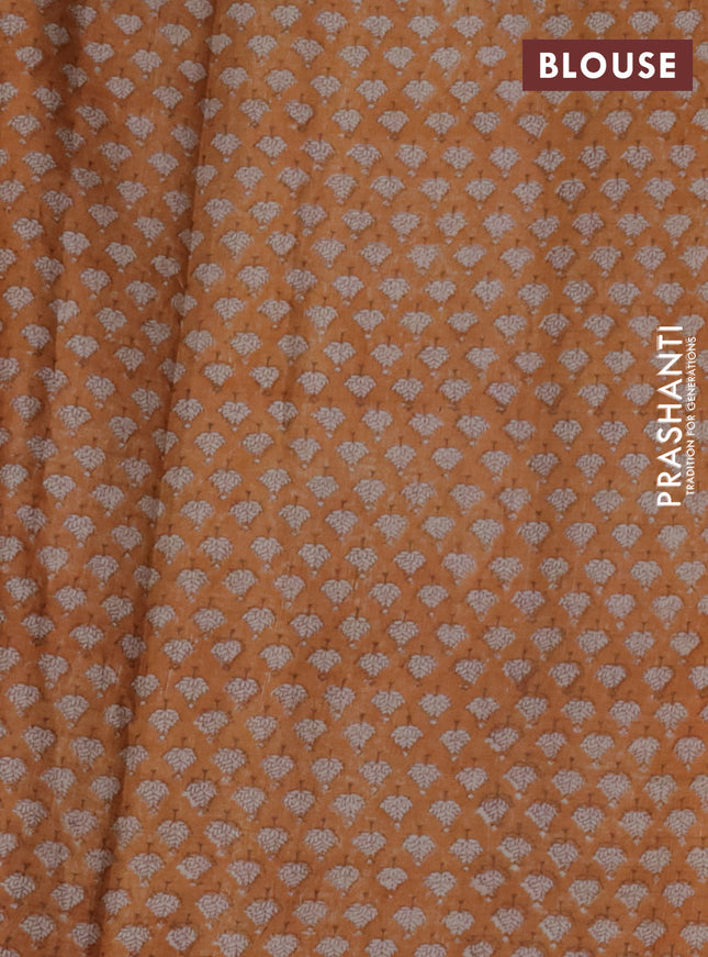Pure tussar silk saree brown and pale orange with allover zari checked pattern and printed border