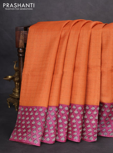 Pure tussar silk saree orange and purple with allover zari checked pattern and printed border