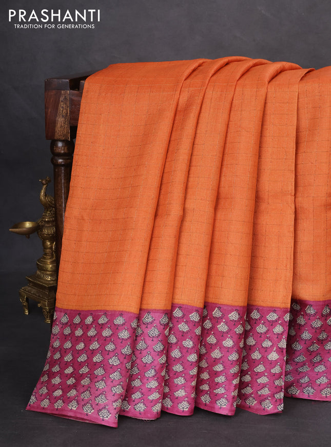 Pure tussar silk saree orange and purple with allover zari checked pattern and printed border