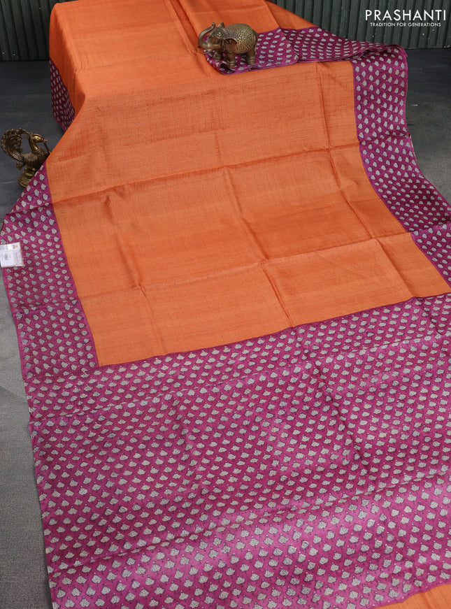 Pure tussar silk saree orange and purple with allover zari checked pattern and printed border