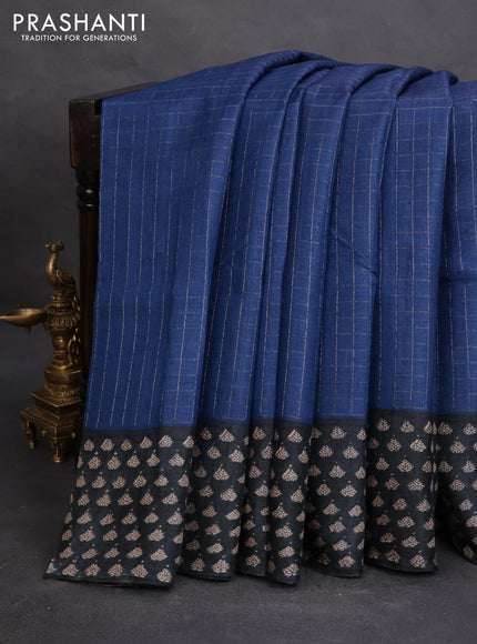 Pure tussar silk saree blue and black with allover zari checked pattern and printed border