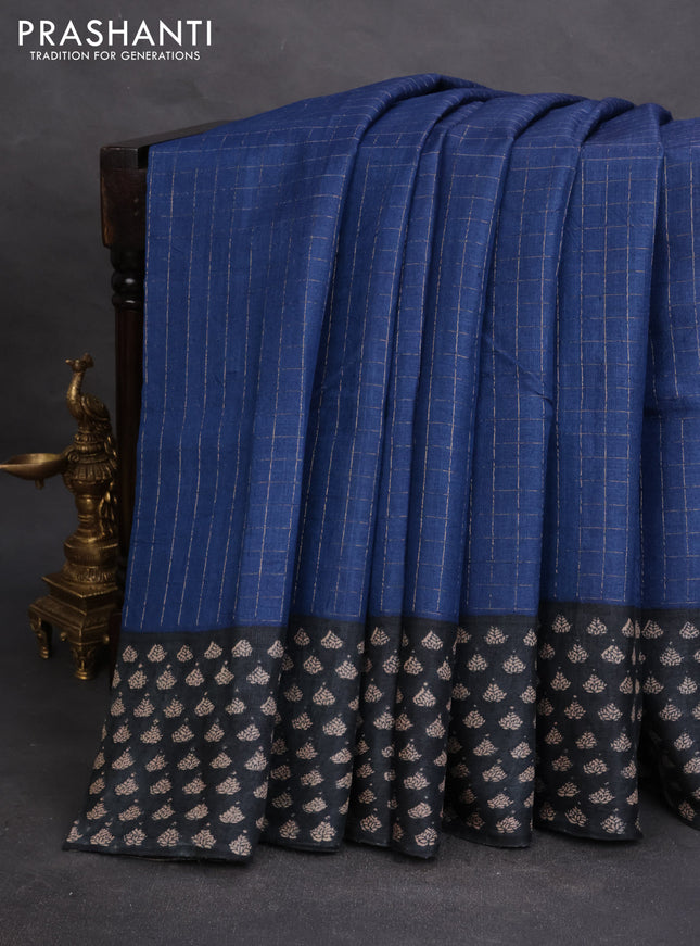Pure tussar silk saree blue and black with allover zari checked pattern and printed border