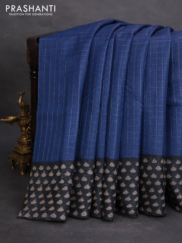 Pure tussar silk saree blue and black with allover zari checked pattern and printed border