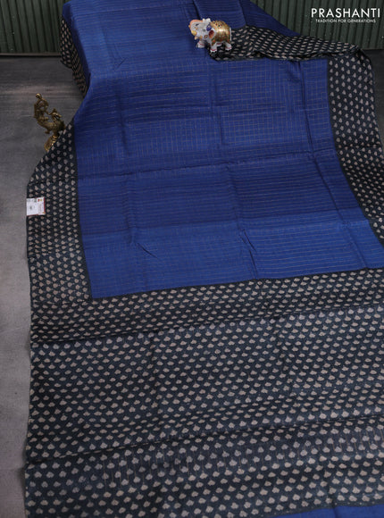 Pure tussar silk saree blue and black with allover zari checked pattern and printed border