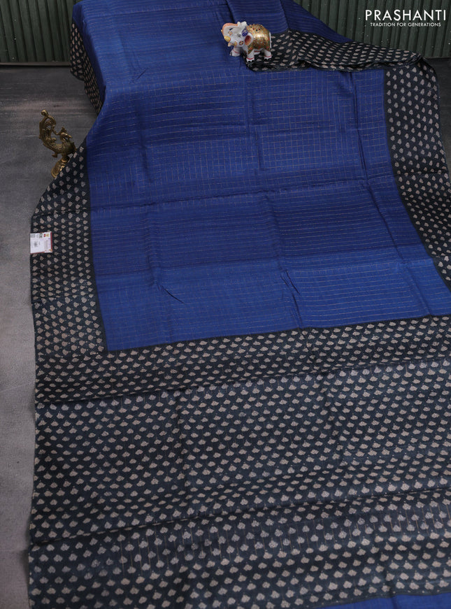 Pure tussar silk saree blue and black with allover zari checked pattern and printed border