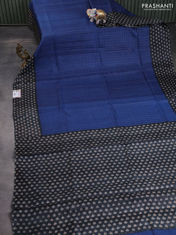 Pure tussar silk saree blue and black with allover zari checked pattern and printed border