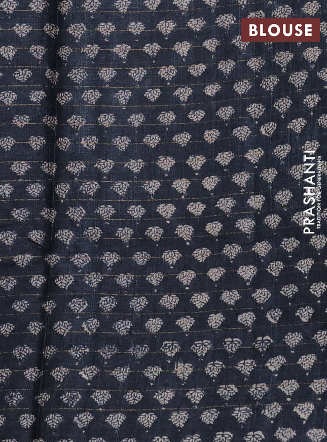 Pure tussar silk saree blue and black with allover zari checked pattern and printed border