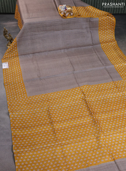 Pure tussar silk saree grey and mustard yellow with allover zari checked pattern and printed border