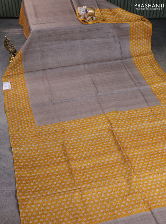 Pure tussar silk saree grey and mustard yellow with allover zari checked pattern and printed border