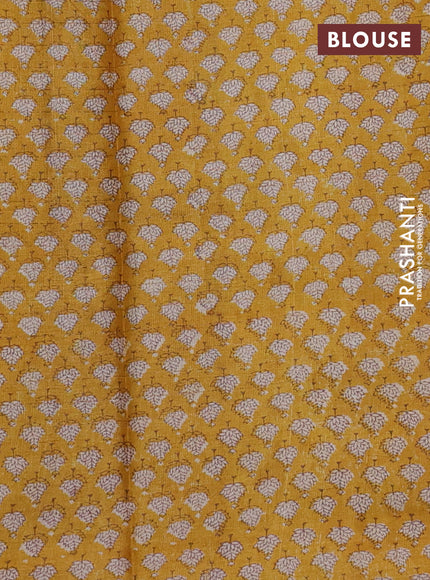 Pure tussar silk saree grey and mustard yellow with allover zari checked pattern and printed border