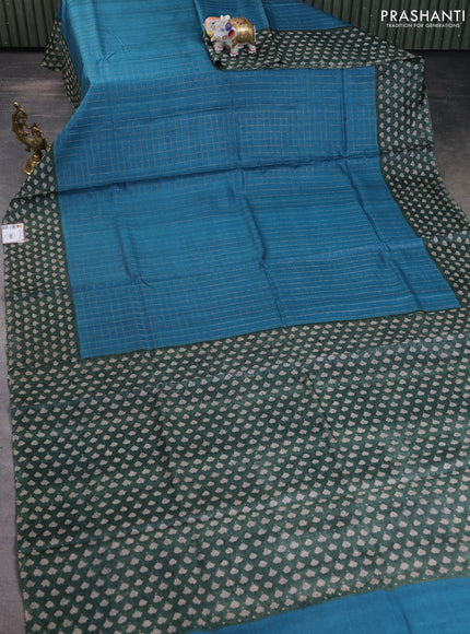 Pure tussar silk saree cs blue and dark green with allover zari checked pattern and printed border