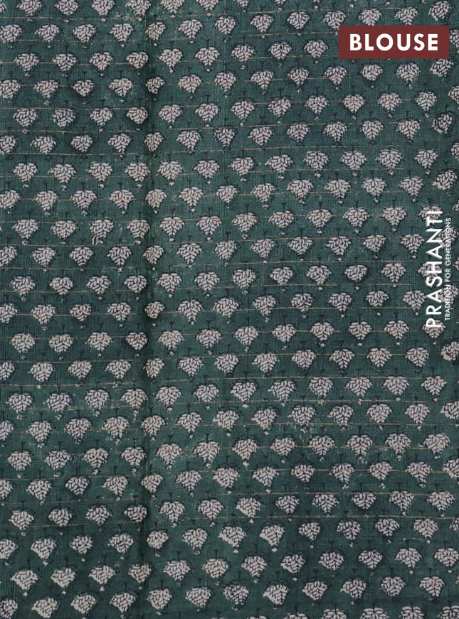 Pure tussar silk saree cs blue and dark green with allover zari checked pattern and printed border