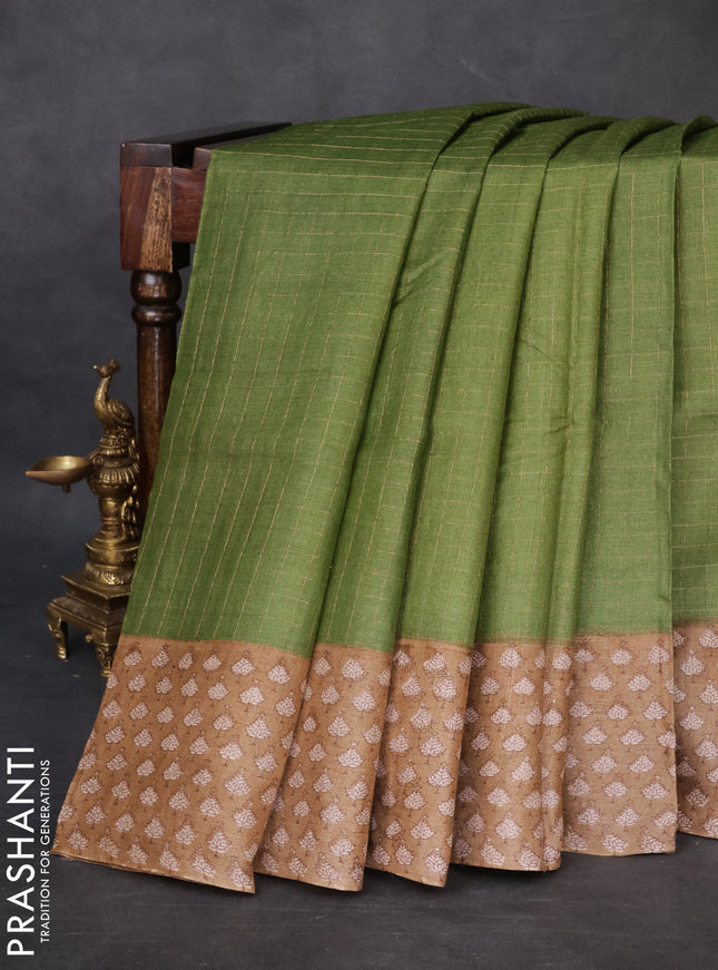 Pure tussar silk saree green and beige with allover zari checked pattern and printed border