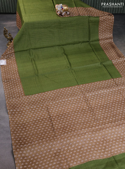 Pure tussar silk saree green and beige with allover zari checked pattern and printed border